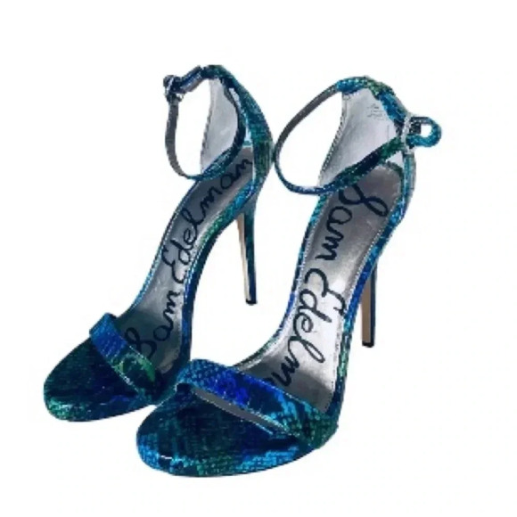 SAM EDELMAN | Eleanor Leather Snake Print Open Toe High Heels Stiletto Size 7.5M - Picture 2 of 7